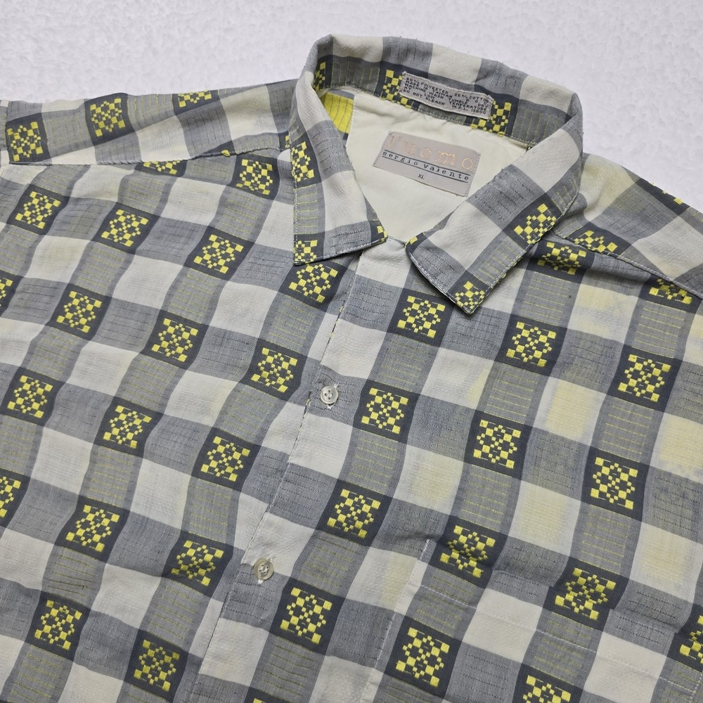 Vintage L' Uomo Sergio Valente Mens Shirt Short Sleeve‎ XL Gray Yellow Plaid